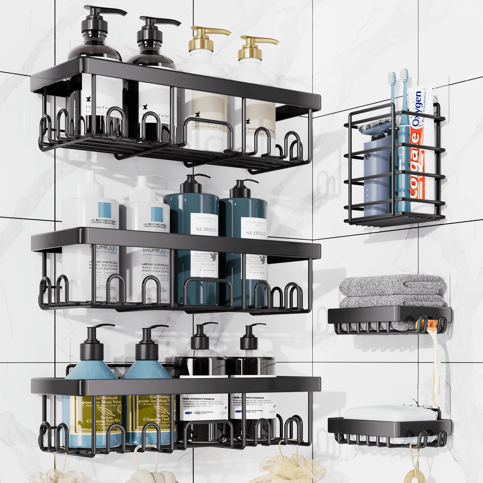 Ophanie Adhesive Shower Caddy 6 Count, Large Capacity Bathroom Organizers and Storage, No Drilling Wall-Mounted Basket, Black