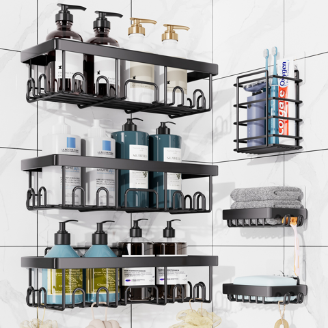 Ophanie Adhesive Shower Caddy 6 Count, Large Capacity Bathroom Organizers and Storage, No Drilling Wall-Mounted Basket, Black