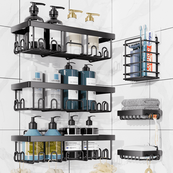 Ophanie Adhesive Shower Caddy 6 Pack, Large Capacity Bathroom Organizers and Storage, No Drilling Wall-Mounted Basket, Black