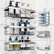 Ophanie Adhesive Shower Caddy 6 Count, Large Capacity Bathroom Organizers and Storage, No Drilling Wall-Mounted Basket, Silver