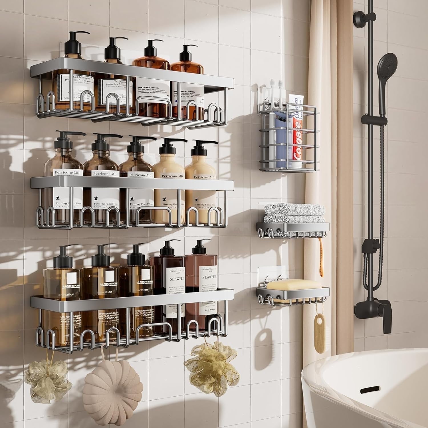 Ophanie Adhesive Shower Caddy 6 Pack, Large Capacity Bathroom Organizers and Storage, No Drilling Wall-Mounted Basket, Sliver