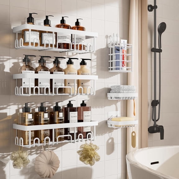 Ophanie Adhesive Shower Caddy 6 Count, Large Capacity Bathroom Organizers and Storage, No Drilling Wall-Mounted Basket, White