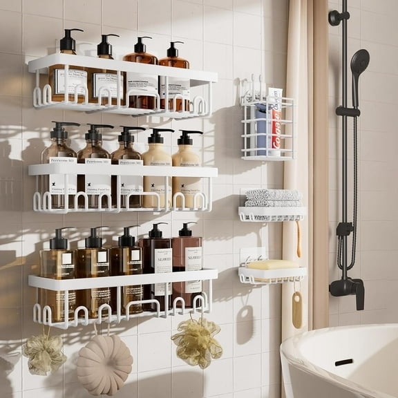 Ophanie Adhesive Shower Caddy 6 Count, Large Capacity Bathroom Organizers and Storage, No Drilling Wall-Mounted Basket, White