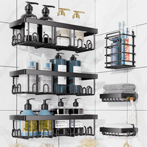 Ophanie Adhesive Shower Caddy 6 Pack, Large Capacity Bathroom Organizers and Storage, No Drilling Wall-Mounted Basket, Black