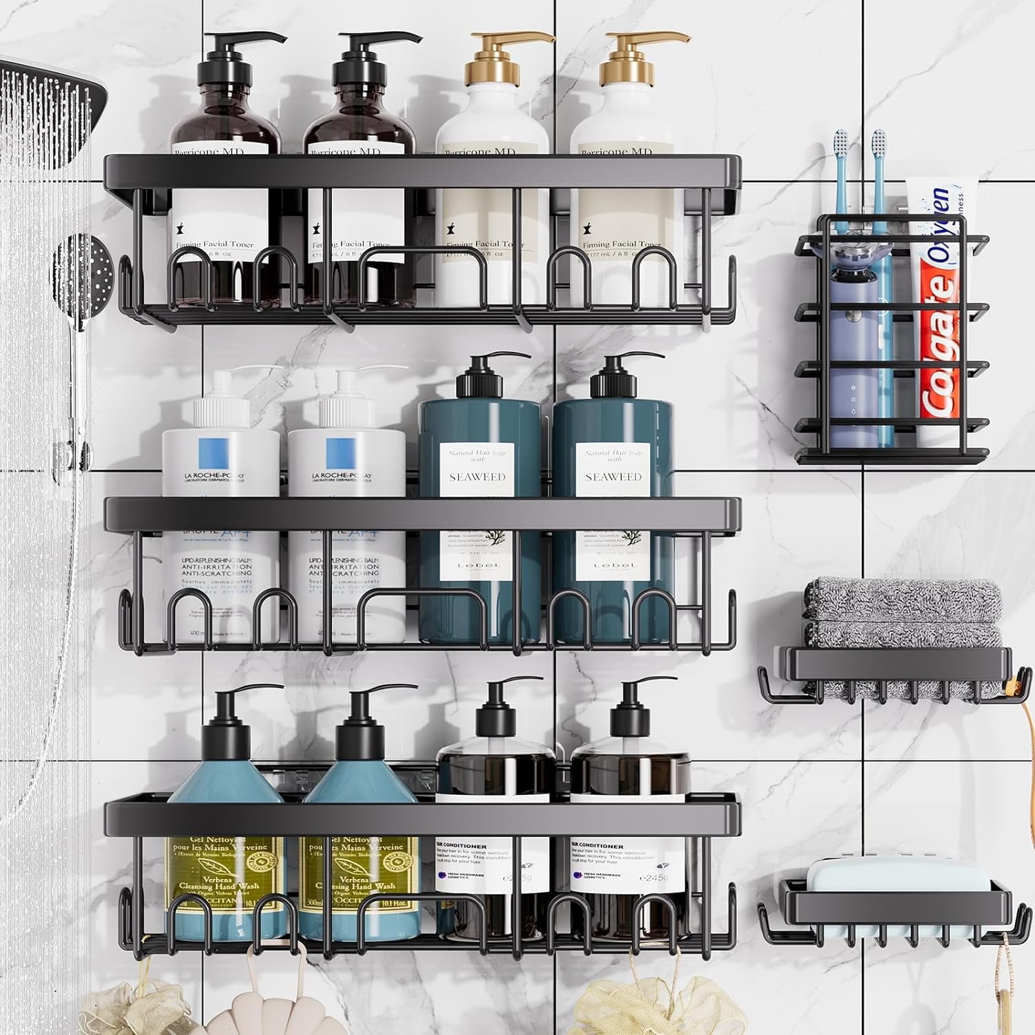 Ophanie Adhesive Shower Caddy 6 Pack, Large Capacity Bathroom Organizers and Storage, No Drilling Wall-Mounted Basket, Black - Walmart.com