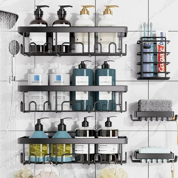 Ophanie Adhesive Shower Caddy 6 Pack, Large Capacity Bathroom Organizers and Storage, No Drilling Wall-Mounted Basket, Black
