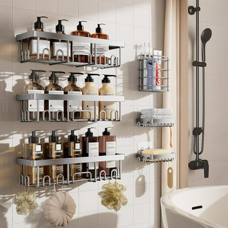 Ophanie Adhesive Shower Caddy 6 Pack, Large Capacity Bathroom Organizers and Storage, No Drilling Wall-Mounted Basket, Sliver