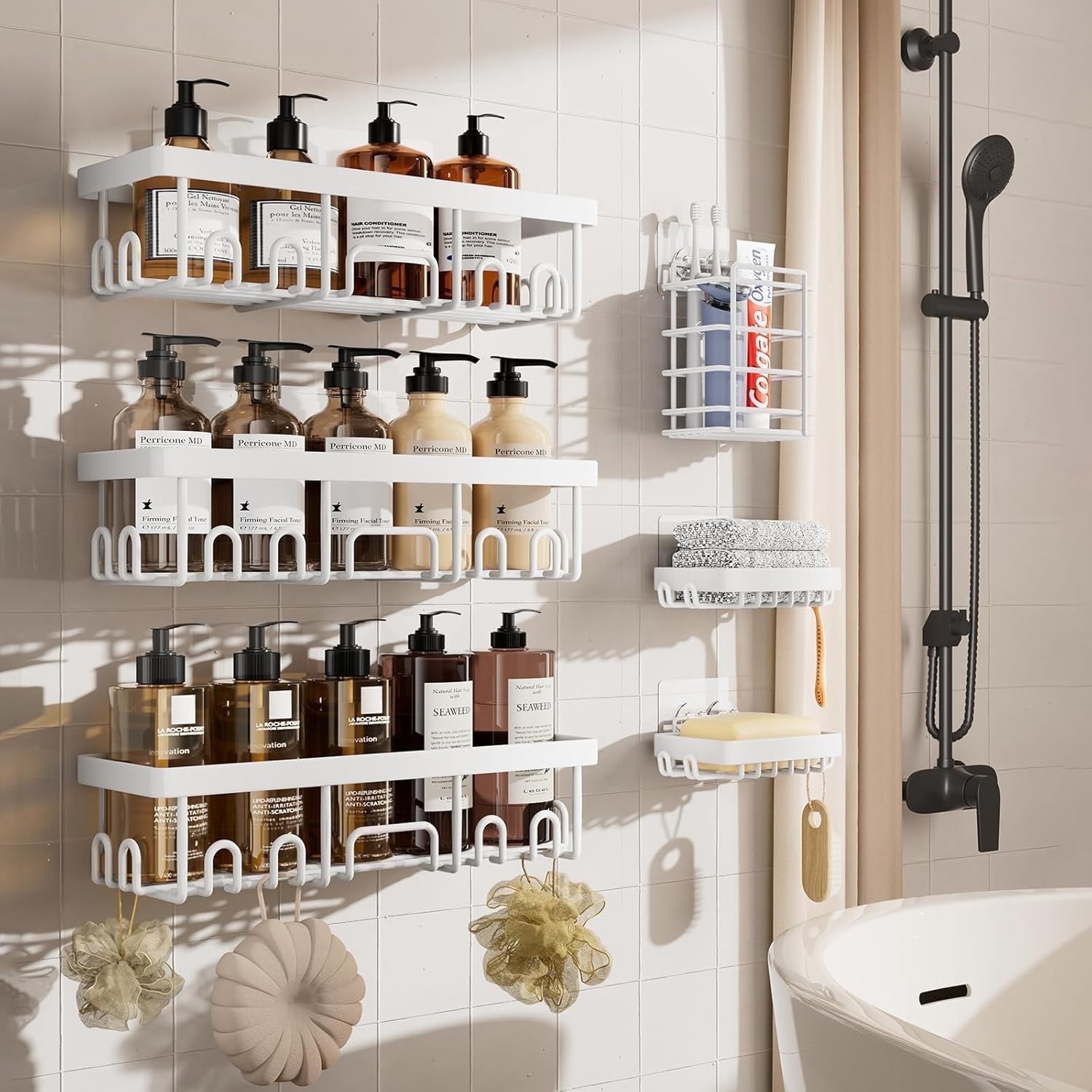 Ophanie Adhesive Shower Caddy 6 Pack, Large Capacity Bathroom Organizers and Storage, No Drilling Wall-Mounted Basket, White