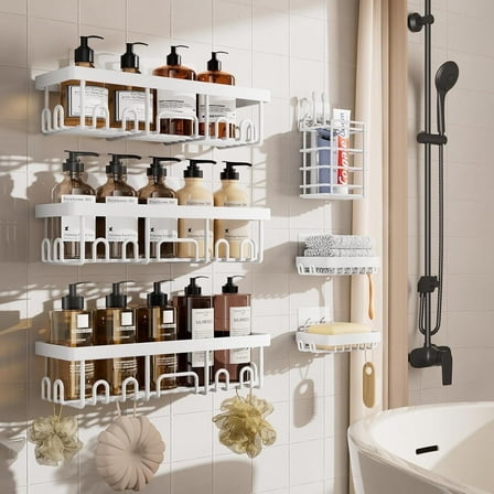 Ophanie Adhesive Shower Caddy 6 Pack, Large Capacity Bathroom Organizers and Storage, No Drilling Wall-Mounted Basket, White