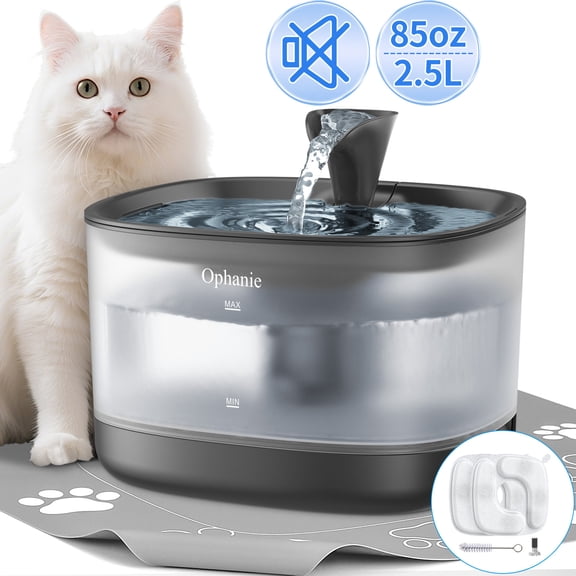 Ophanie 85oz/2.5L Cat Water Fountain with Detachable Tank, Easy & Safe to Clean and Assemble for Cat and Dog, with Replacement Filters & Silicone Mat, Black