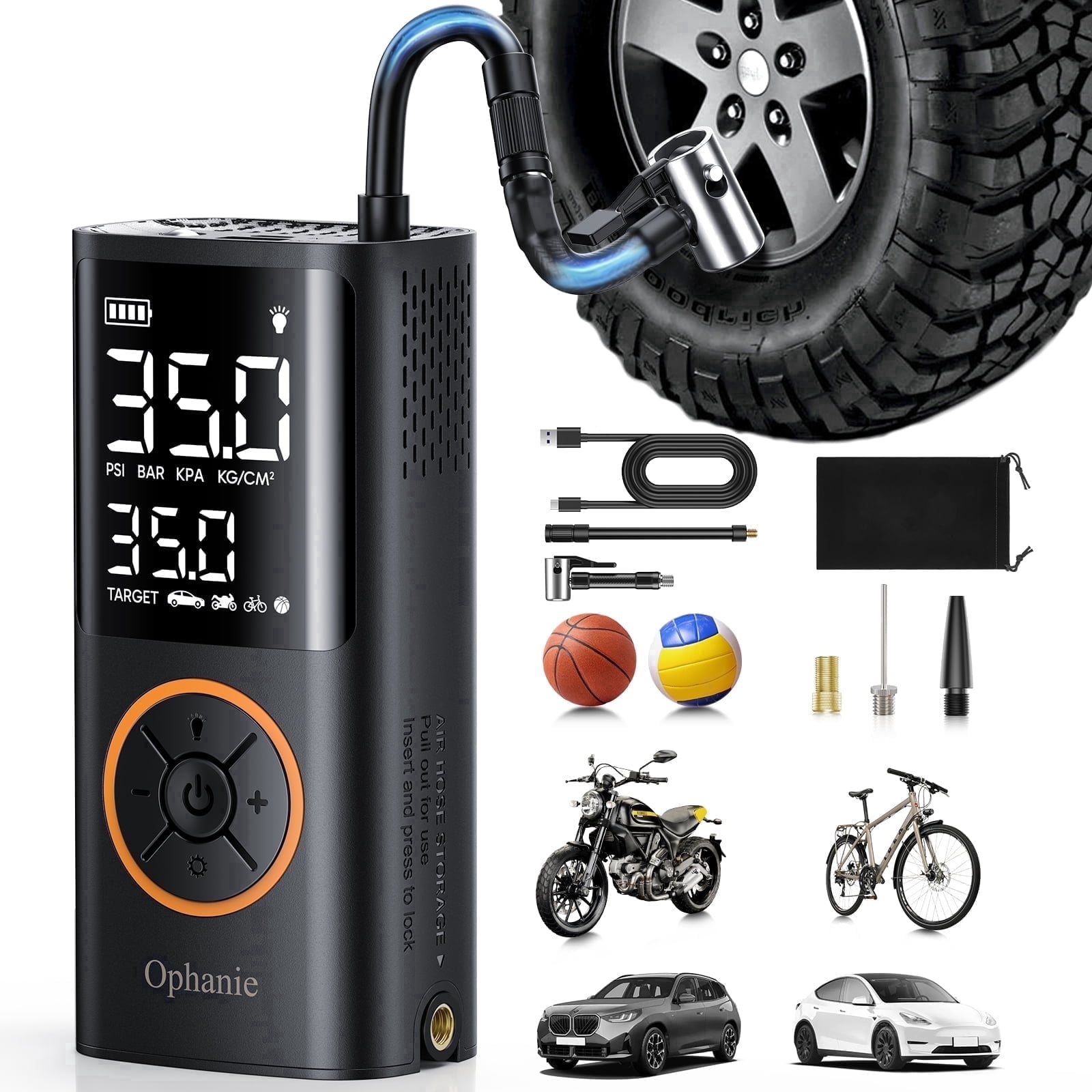 Ophanie Cordless Portable Tire Inflator - 160PSI Auto Air Pump for Bike, Bicycle, Motorcycles, Car Tires, Emergency LED Light, Compact Automotive Pump
