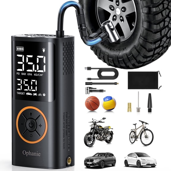 Ophanie Cordless Portable Tire Inflator - 4000mAh, 160PSI Auto Air Pump for Bike, Bicycle, Motorcycles, Car Tires, Emergency LED Light, Compact Automotive Pump