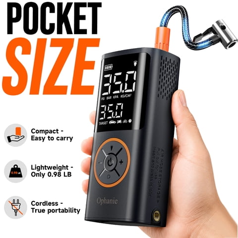 Ophanie Cordless Portable Tire Inflator - 160 PSI, Air Pump for Car Tires, Bike, Bicycle, Motorcycles, Electric Pump with LED Light & Digital Pressure Gauge