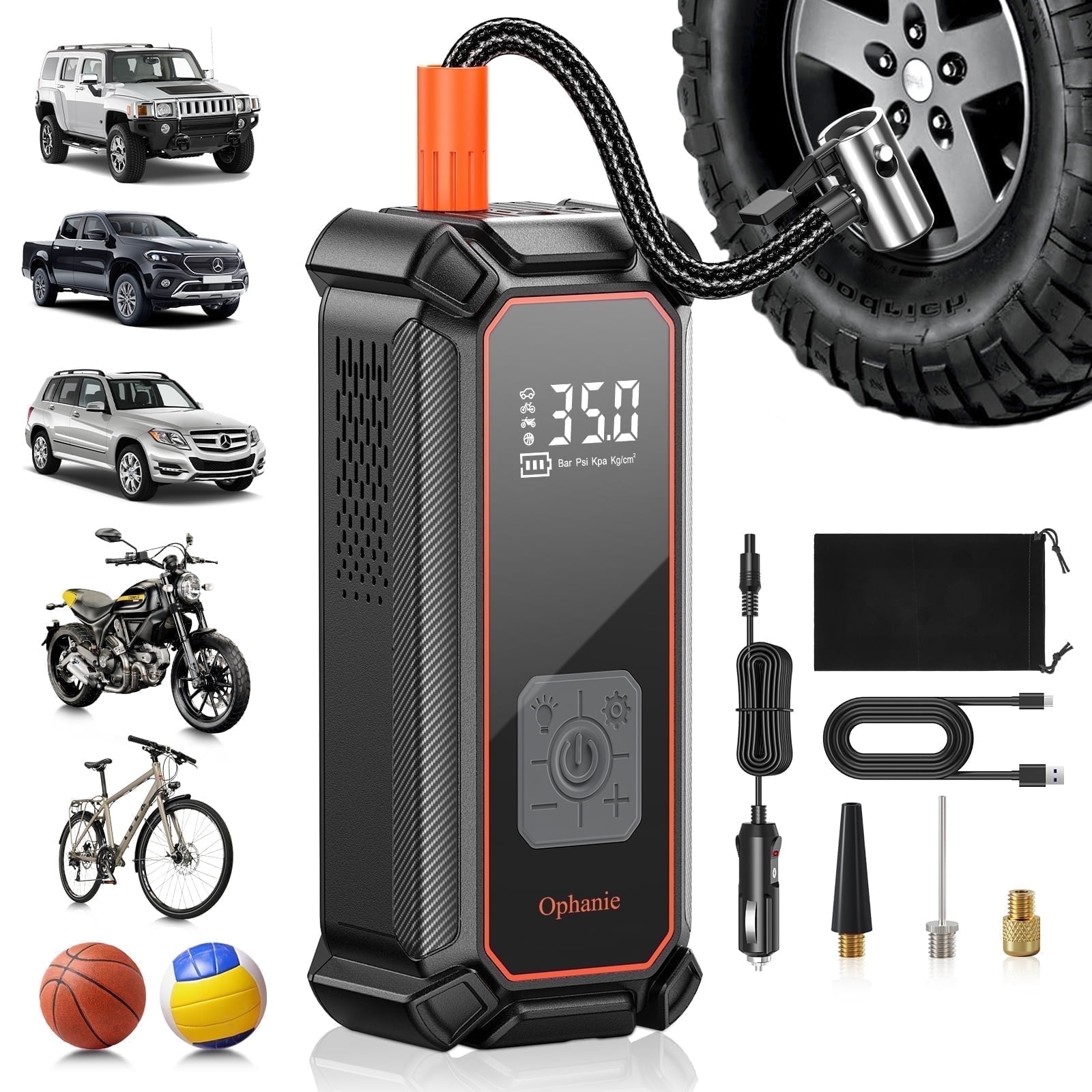 Ophanie Cordless Portable Tire Inflator - 160 Psi Digital Pressure Gauge, Air Compressor for Car Tires with Automatic Shutoff, Emergency LED Light, Compact Automotive Pump, Switchable Wired
