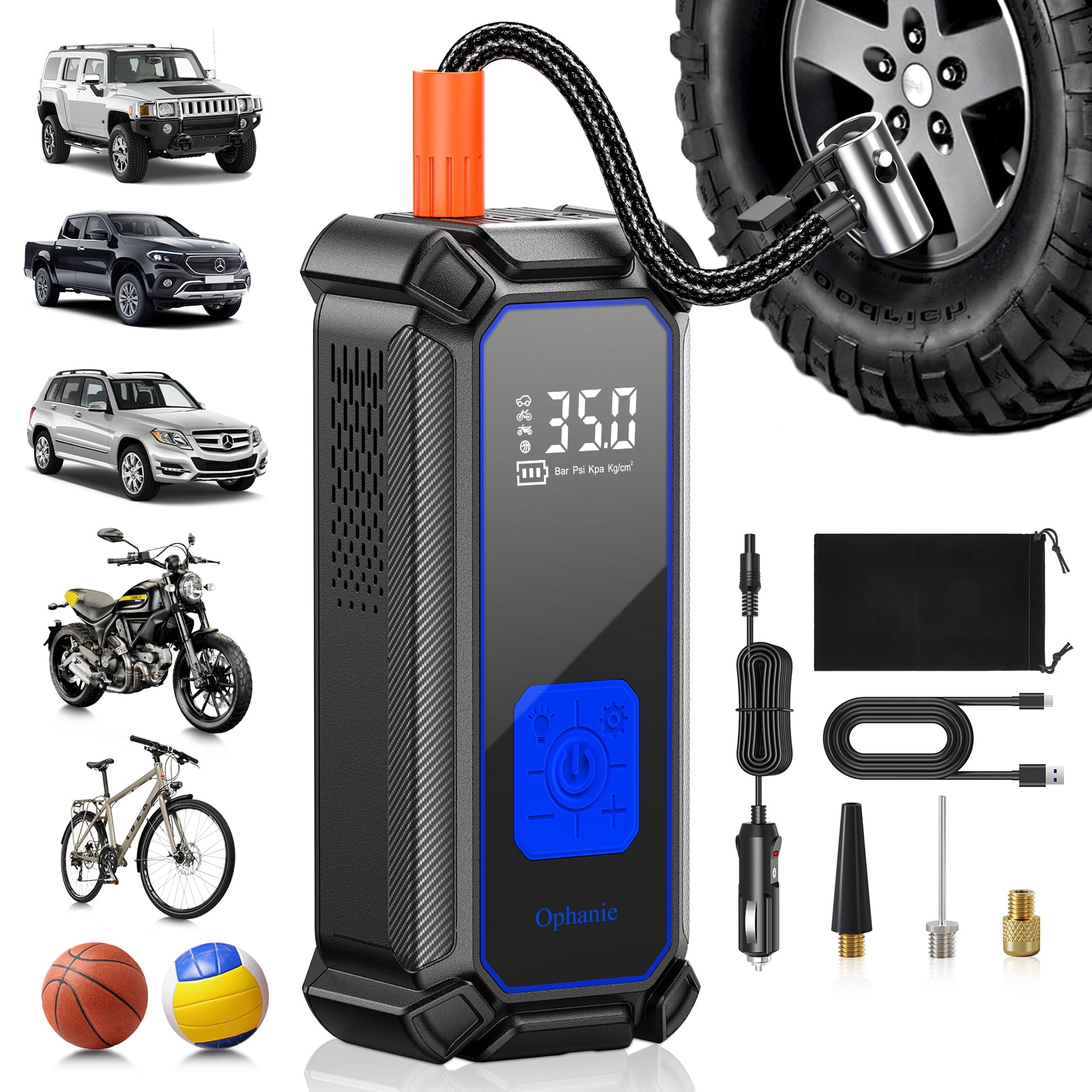 Ophanie Cordless Portable Tire Inflator - 160 Psi Digital Pressure Gauge, Air Compressor for Car Tires with Automatic Shutoff, Emergency LED Light, Compact Automotive Pump, Blue