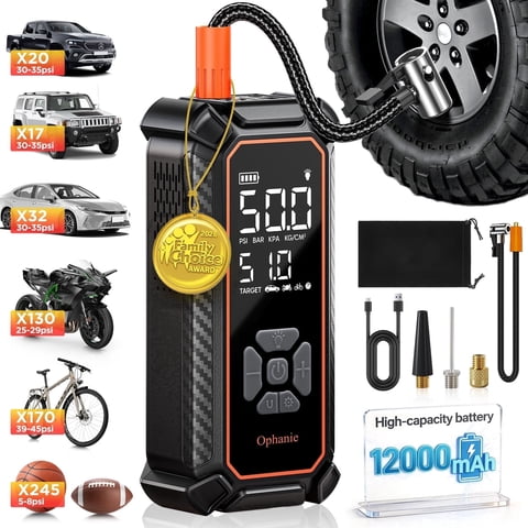 Ophanie Cordless Tire Inflator Portable Air Compressor, 12000mAh Battery, Air Pump for Car Tires with Automatic Shutoff, Electric Pump with Digital Pressure Gauge