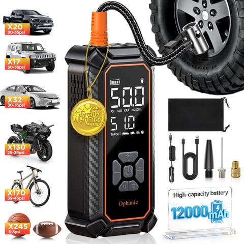 Ophanie Cordless Tire Inflator Portable Air Compressor, 4*3000mAh Battery, Air Pump for Car Tires with Automatic Shutoff, Electric Pump with Digital Pressure Gauge