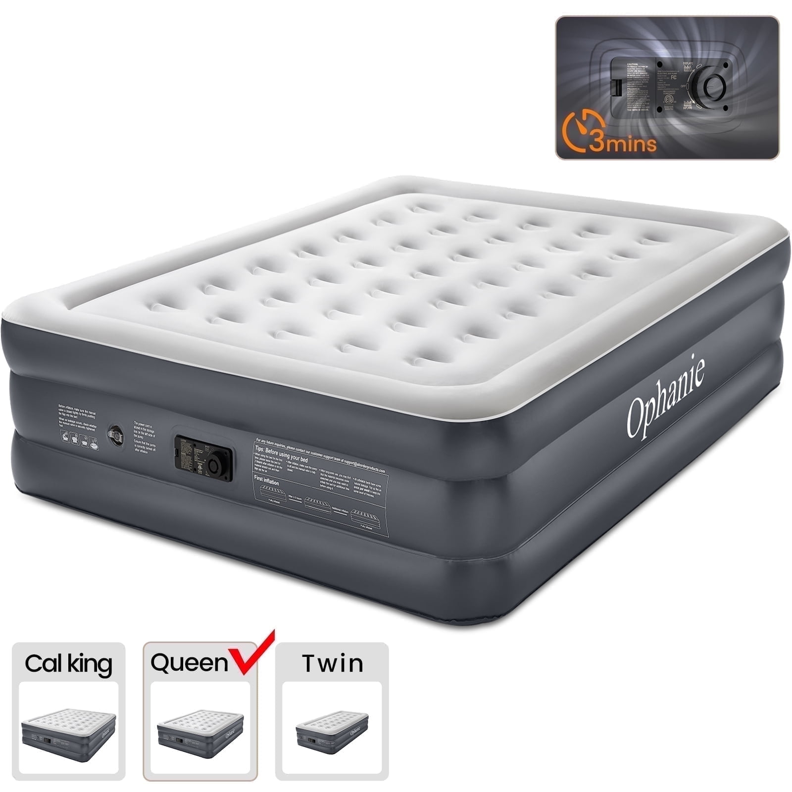 Ophanie Queen Air Mattress, 18-Inch Elevated Inflatable Bed with Built-in Pump, Puncture-Resistant, Quick Inflation/Deflation, Portable for camping & Guests, Dark Gray