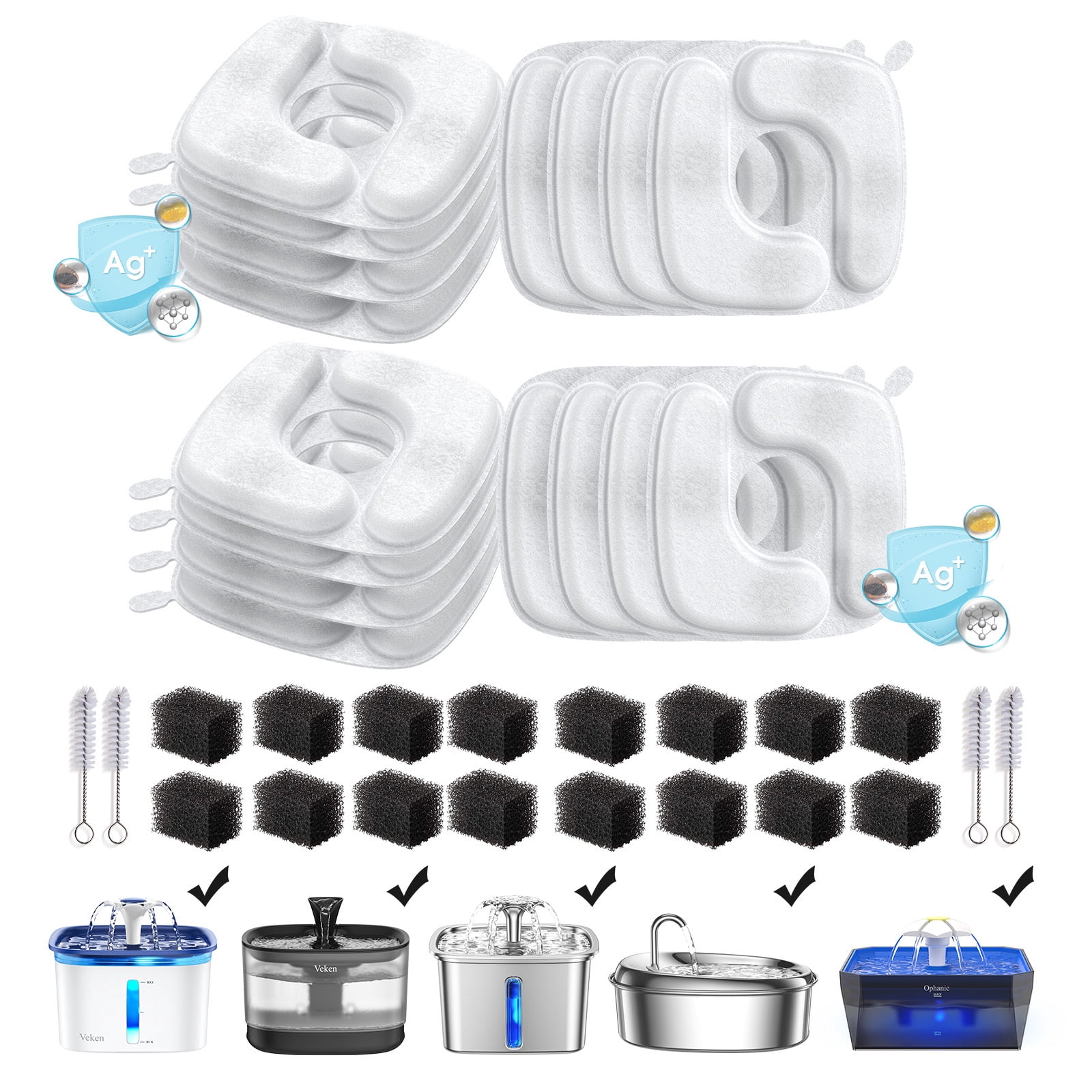 Ophanie Replacement Filters for Cat Water Fountain Veken/Ophanie 108oz/95oz/85oz Pet Water Fountain, Replacement Filters & Pre-Filter Sponges, 32 Pack