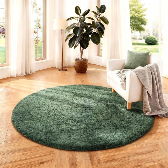 Ophanie Round Rug 4Ft Grey Green Circle Area Rug, Grayish Green Room Decor, Fluffy Fuzzy Bedroom Carpet, Plush Soft Shaggy Living Room Rugs for Kids Home Decor Aesthetic, Nursery