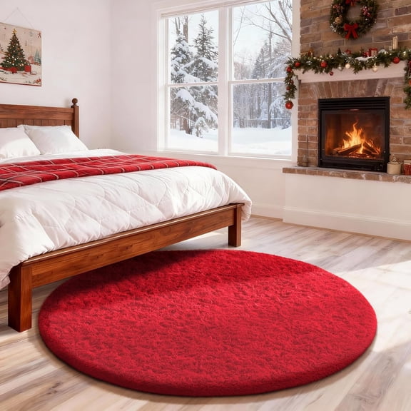 Ophanie Round Rug 4Ft Red Circle Area Rug, Christmas Room Decor, Aesthetic Nursery Bedroom Carpet, Fluffy Fuzzy Plush Soft Shaggy Living Room Rugs for Kids Boys Girls Home, Classroom