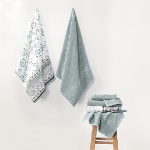 Ophelia 6-Piece 100% Cotton Towel Set – Reversible Yarn Dyed Jacquard & Solid – Includes 2 Bath Towels, 2 Hand Towels, 2 Washcloths – Absorbent, Quick Dry, Soft & Durable – Sage Green