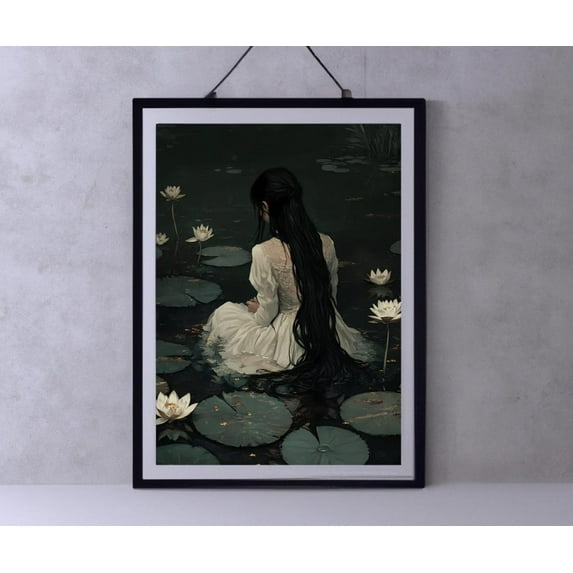 Ophelia Dark Academia Print - The Lake, Goth Moody Victorian Wall Art, Dark Decor Aesthetic, Dark Cottagecore, Gothic Prints Into Lake Wall Art, Modern Wall Decor, 16x24 UNFRAMED