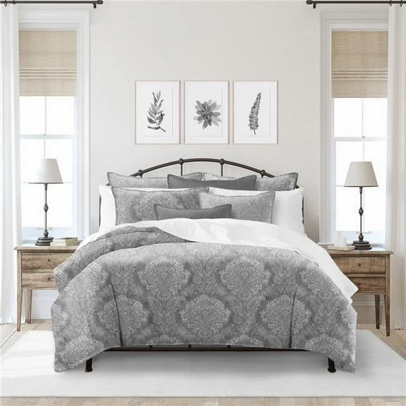 Ophelia Duvet Cover & 2 Pillow Shams Set, Gray - Super King Size - 3 Piece