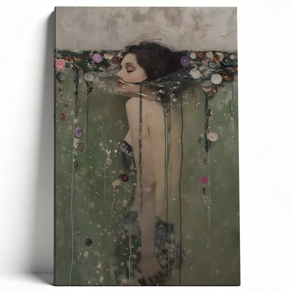 Ophelia Floral Submersion Canvas Wall Art, Klimt-Inspired Mystical Figurative Decor, Dreamy Moody Artwork For Bathroom, Bedroom, Living Room, Ready To Hang 8*12inch(20*30cm)