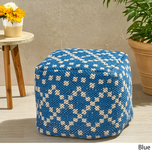 Ophelia Outdoor Handcrafted Boho Fabric Cube Pouf, Blue and White