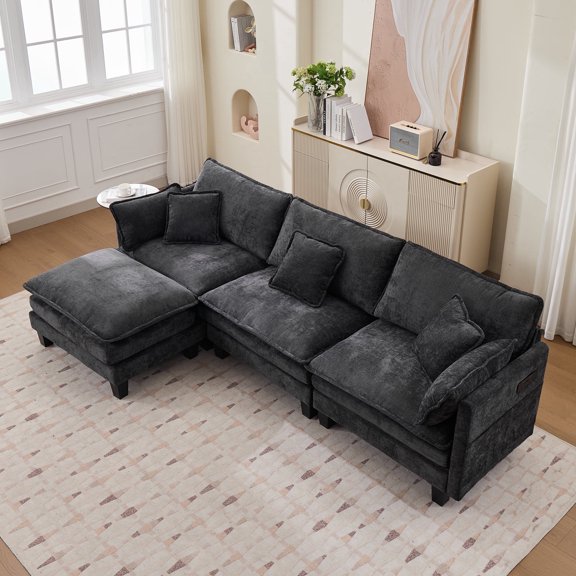 Opiesit Modular Sectional Sofa with Movable Ottoman, 110" 4-Seat Modern Couches for Living Room, Comfy L Shaped Couch Set with Deep Seat for Office and Apartment, Black Chenille Fabric