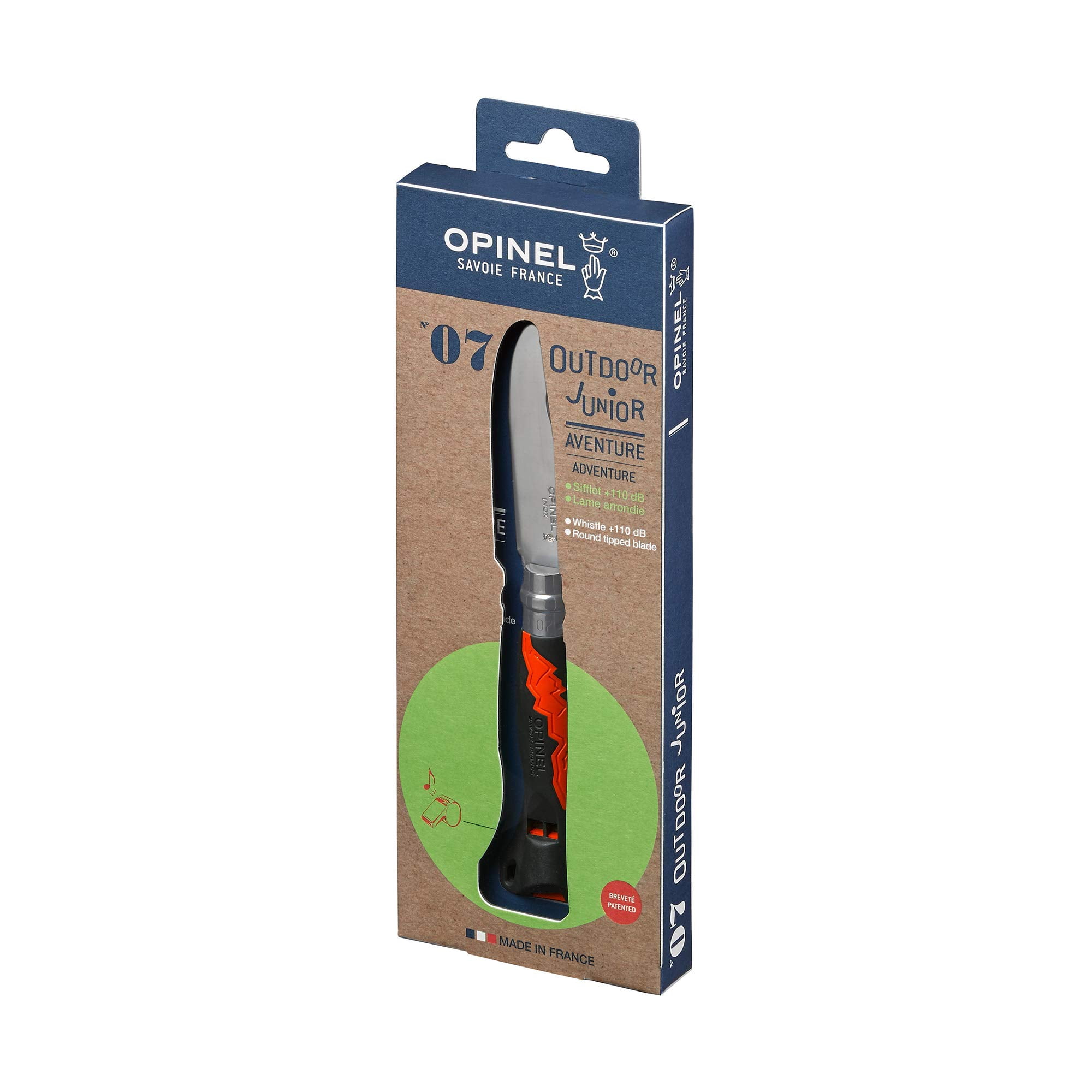 Opinel Outdoor Junior No. 07 Stainless Steel Folding Knife with Safety Rounded Tip, Integrated Whistle, Made in France (Orange)
