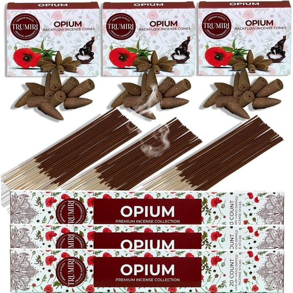 Opium Scented Incense Sticks & Backflow Incense Cones for Waterfall Combo Pack - 60 Insence-Sticks + 30 Backflow Cones - Insents - Incense Waterfall Cones - Inscense