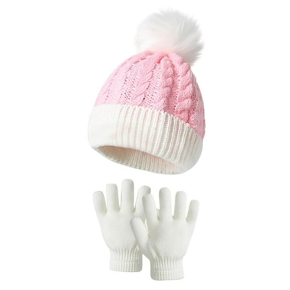 Oplxuo 2 Pcs Kids Knitted Hat Gloves Set, Winter Warm Boys Girls Cable Knit Cute Pompom Beanie Thermal Sets