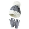 thumbnail image 1 of Oplxuo 2 Pcs Kids Knitted Hat Gloves Set, Winter Warm Boys Girls Cable Knit Cute Pompom Beanie Thermal Sets, 1 of 2