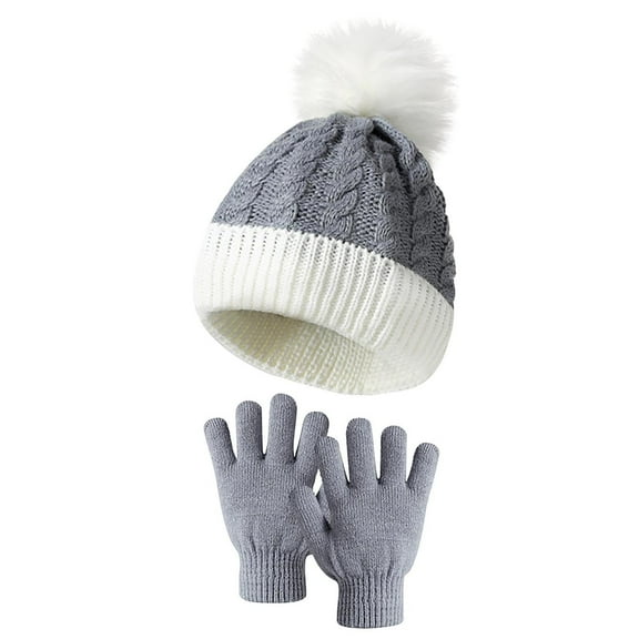 Oplxuo 2 Pcs Kids Knitted Hat Gloves Set, Winter Warm Boys Girls Cable Knit Cute Pompom Beanie Thermal Sets