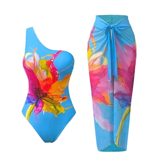 Oplxuo 2 Piece Bathing Suit for Women High Waisted One Piece Swimsuit Monokini with Maxi Skirt Cover Up Boho Floral Swimwear