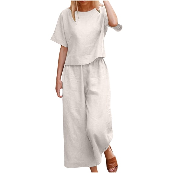 Oplxuo 2 Piece Outfits for Women Cotton Linen Short Sleeve Crewneck Top Wide Leg Pants Summer Loungewear Vacation Outfit