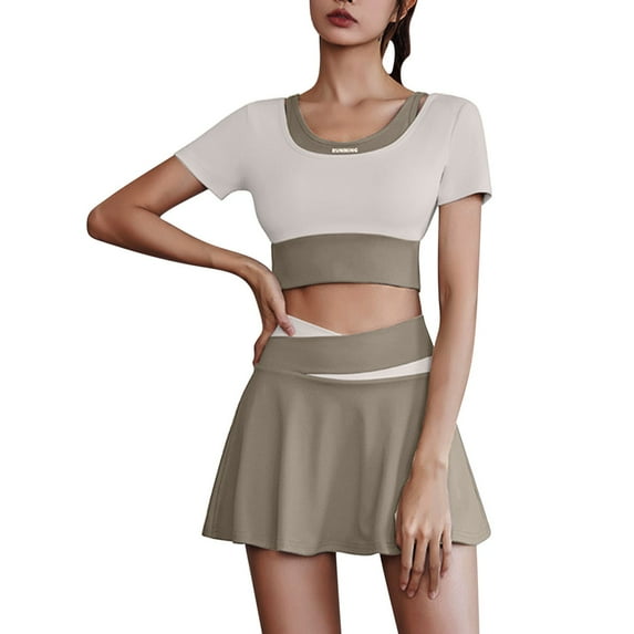Oplxuo 2 Piece Tennis Dress for Women High Waist Pleated Tennis Skirt with Shorts Short Sleeve Crop Golf Workout Skirts Sets