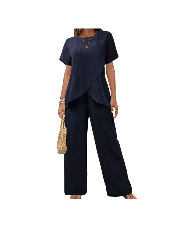 2 Pieces Pants Suits for Women Dressy Short Sleeve Tops and Loose Pants Sets Ruffle Layered Formal Guest Outfit