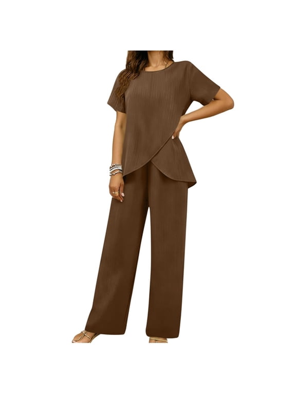 2 Pieces Pants Suits for Women Dressy Short Sleeve Tops and Loose Pants Sets Ruffle Layered Formal Guest Outfit