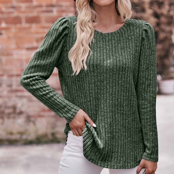Oplxuo 2025 Fall Women's Knit Pullover Tops Casual Solid Long Sleeve Pleated Crewneck Loose Blouses Shirts
