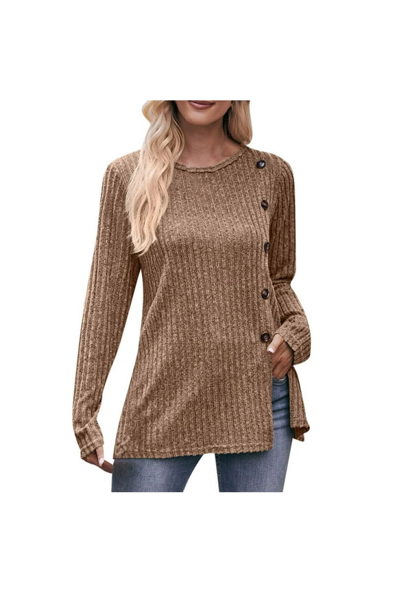 2025 Fall Womens Button Side Split Hem Tunic Shirts Comfy Loose Solid Casual Long Sleeve Crewneck Blouses Tops