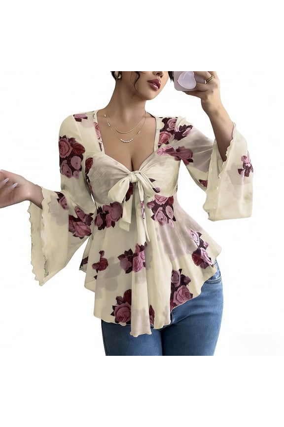 2026 Spring Women's Floral Chiffon Blouse Party Date Sexy Sheer Bell Sleeve Tie Front Peplum Tops for Women