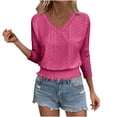 thumbnail image 1 of Oplxuo 3/4 Length Sleeve Womens Tops 2025 Fall Eyelet V Neck T Shirts Fashion Smocked Hem Crop Tops Dressy Casual Tunic Top, 1 of 7