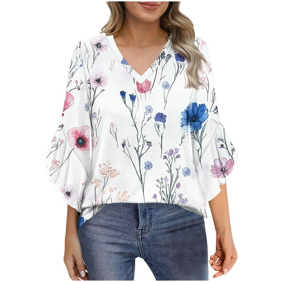 Oplxuo 3/4 Length Sleeve Womens Tops Double Layered Dressy Casual Business Work Blouses V Neck Office Tunic Shirts