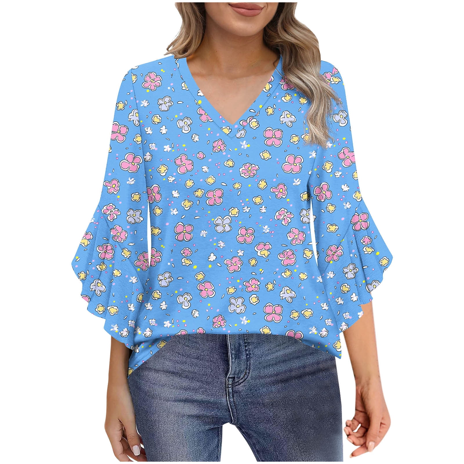 Oplxuo 3/4 Length Sleeve Womens Tops Double Layered Dressy Casual