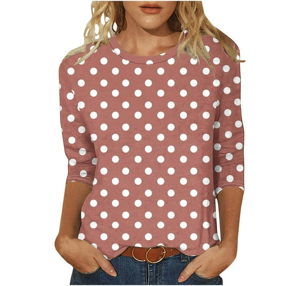 Oplxuo 3/4 Length Sleeve Womens Tops Round Neck Cute Tunic Tee Shirts Dressy Casual Polka Dot Print Basic Blouse Tshirts