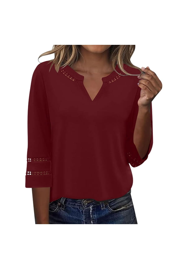 3/4 Length Sleeve Womens Tops V Neck Lace Embroidered Summer Blouses Loose Fit Tunic Dressy Casual