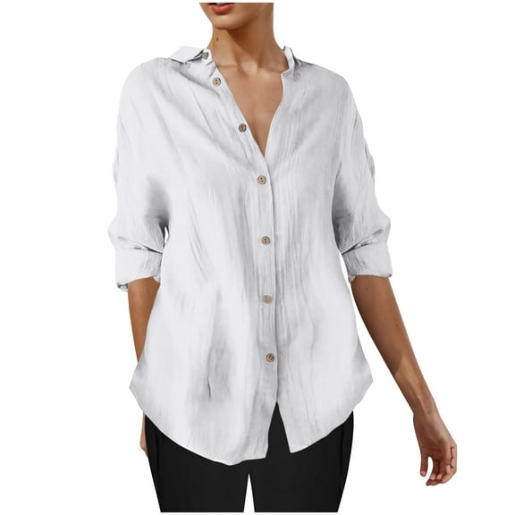 Oplxuo 3/4 Sleeve Button Down Shirts for Women Dressy Casual V Neck Solid Shirts Loose Fit Spring Tops for Women